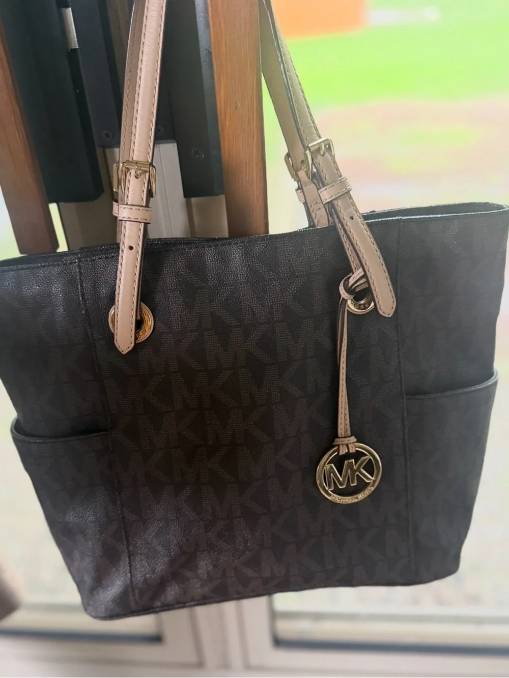 Michael Kors Chocolate MK Logo Tote with Beige Straps